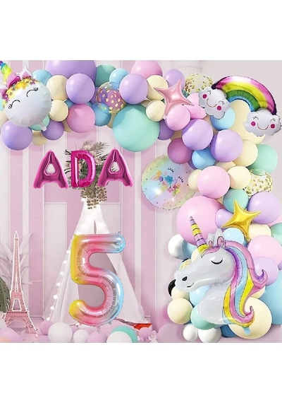 3 Harfli Yaş Seçenekli Gökkuşağı Konseptli Unicorn Temalı Makaron Balon Doğum Günü Parti Kutlama Seti 1
