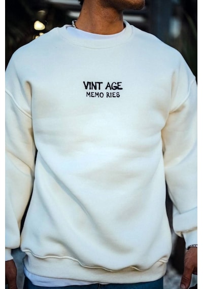 Yake Store Oversize Bisiklet Yaka Üç İplik Baskılı Sweatshirt - Beyaz - Beyaz