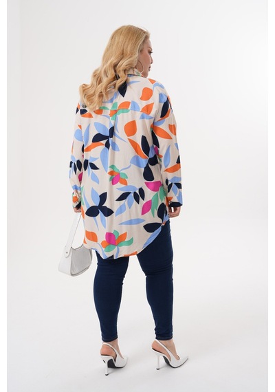 Polologin Butik Soyut Yaprak Desenli Bej Viskon Tunik Bej