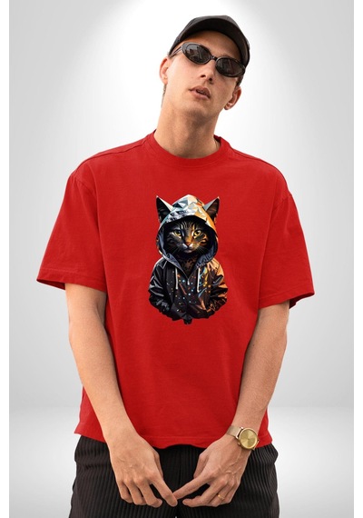 Hip Hop Gençlik Kedi Çeket Pamuklu Bisiklet Yaka Unisex Oversize Boyfriend Dijital Baskılı Kırmızı T-shirt Kırmızı