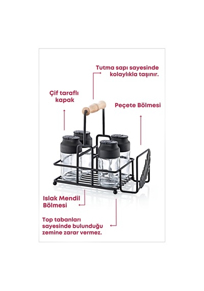 Grimorlife Metal Standlı Peçetelikli Islak Mendil Bölmeli 4'lü Çift Kapaklı Cam Restoran Kafe Baharatlık Seti Diğer