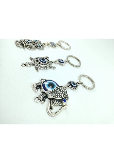 Üçlü Metal Nazar Boncuklu Baykuş/ Kaplumbağa / Fil Anahtarlık Set