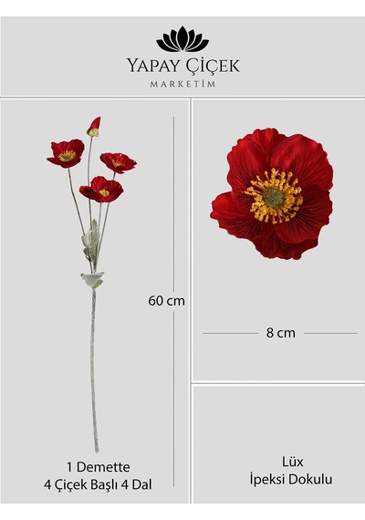 Kırmızı Yapay Gelincik Çiçeği 4 Dallı Lüx İpeksi Dokulu 60 Cm