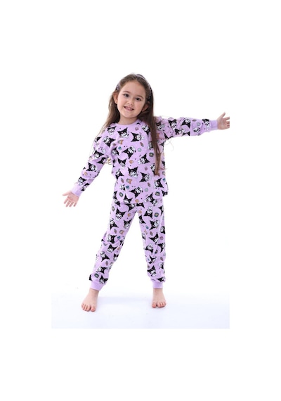 Kız Çocuk Kedi Desenli Uzun Kollu Pijama Takımı-904 Mor
