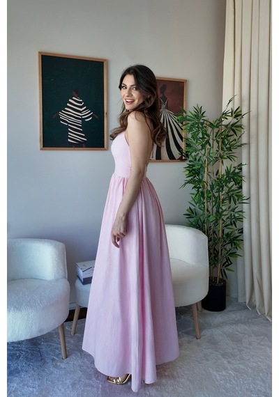 Meecy Kadın Sırt Dekolteli Maxi Elbise Göğüs Drapeli Yazlık Uzun Elbise Pembe Pembe