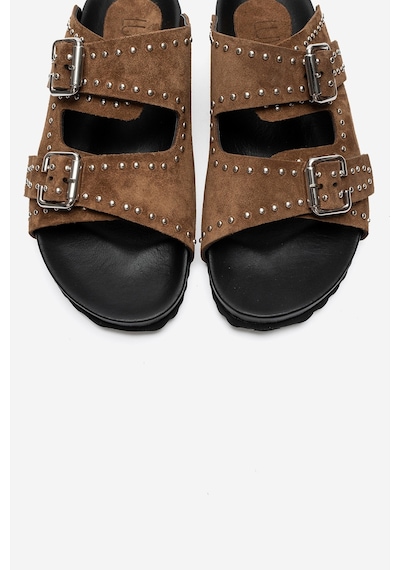 Luvi Shoes Avenelle Toprak Süet Hakiki Deri Çift Bantlı Zımbalı Kadın Terlik