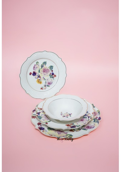 Rose Deluxe New Bone 24 Parça Yemek Takımı Sofra Sunum Seti Beyaz - Pembe