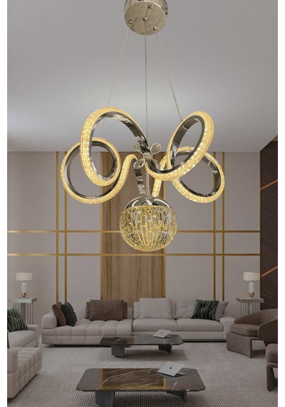 Kıvrım Tekli Kristal Top Simli Slikonlu Modern Oturma Led Avizesi - Kumandasız / Krom Krom