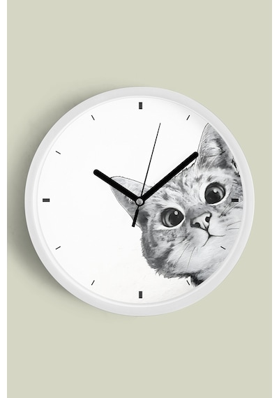 Sevimli Kedi Temalı Modern Duvar Saati - 30cm - Önü Camlı Beyaz Kasa - Sessiz Mekanizma Beyaz