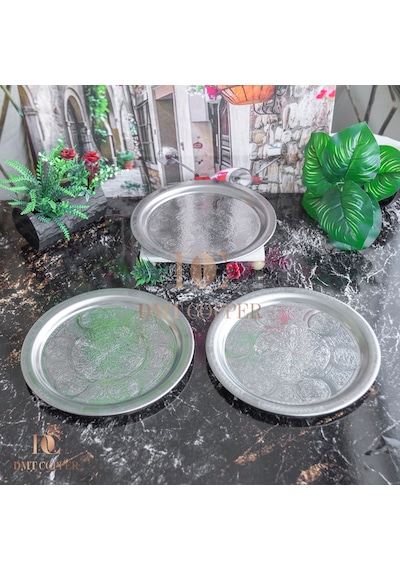 430 Kalite Krom Çelik 3 Adet Tepsi 24 Cm Fırına Uygun, Osmanlı Motifli, Kebap & Restoran Sunum Tepsisi Gri