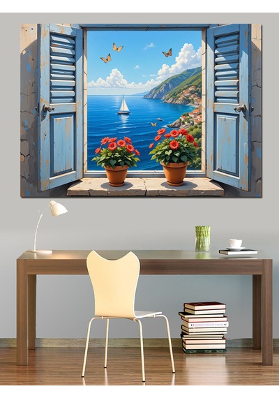Deniz Manzaralı Açık Pencere Dekoratif Kanvas - Mdf Ahşap Tablo