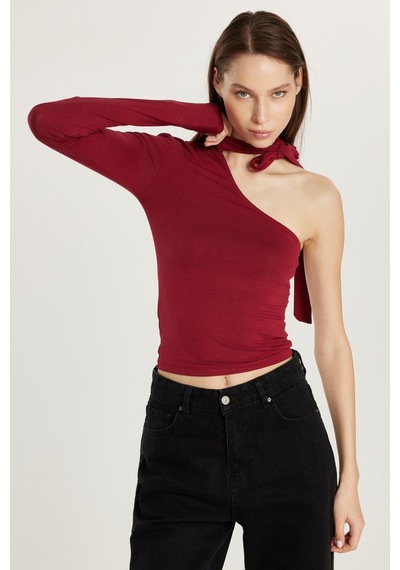 Tudors Kadın Standart Fit Fitilli Tek Kol Asimetrik Yaka Bordo Bluz-33994 Bordo