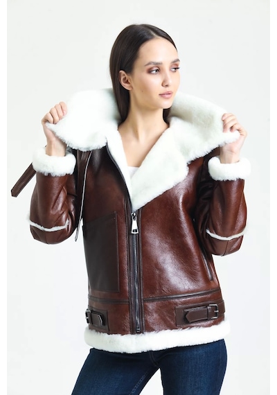 M M Marki Marki Kadın Kahverengi Vintage Deri Mont, Beyaz Kürklü, Balıkçı Yaka, Oversize, Şık Ve Sıcak - 105222