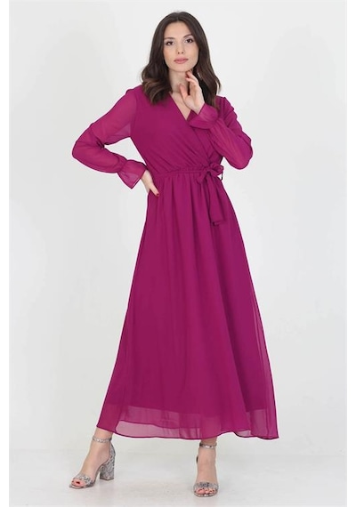 Neşeli Butik Kadın Yeni Sezon Astarlı Kruvaze Yaka Uzun Şifon Elbise Nb003 Mürdüm