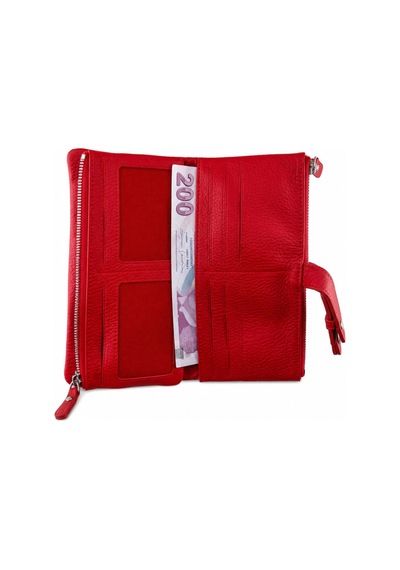 Alphaclub Bag Unisex Hakiki Deri Kırmızı Renk Fermuarlı Çok Bölmeli Uzun Cüzdan