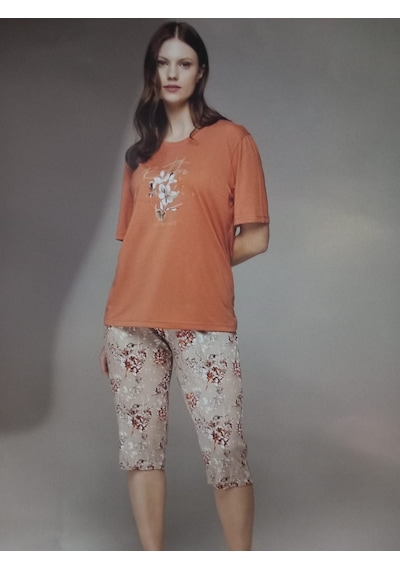 3nbe Kadın Büyük Beden Kısa Kollu Pijama Takımı Turuncu 2438