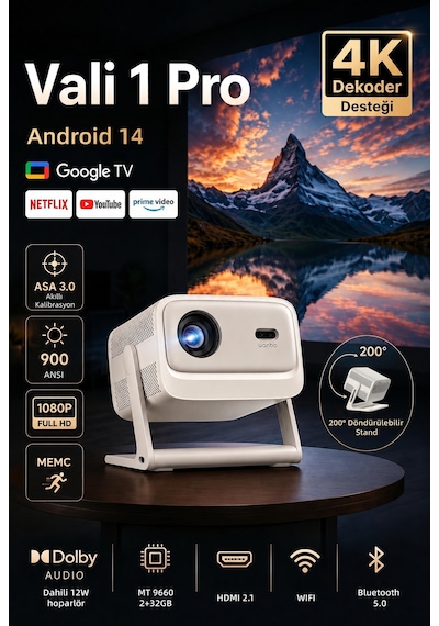 Wanbo Vali 1 Pro 900 ANSI Lümen Google TV Projeksiyon Cihazı – MEMC ve Dolby Destekli