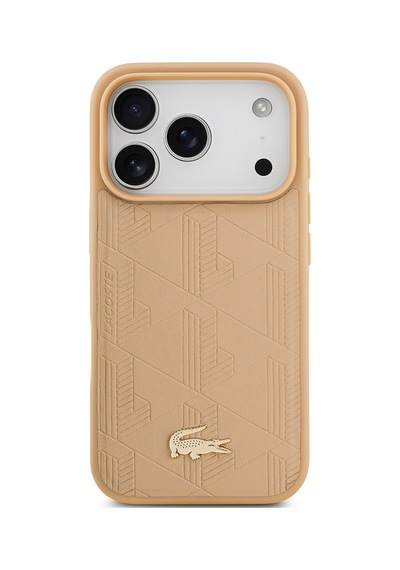 Apple Uyumlu iPhone 17 Pro Kılıf Lacoste Lisanslı M-safeli Pu Deri Karışık Monogram Desenli Kapak Bej Bej