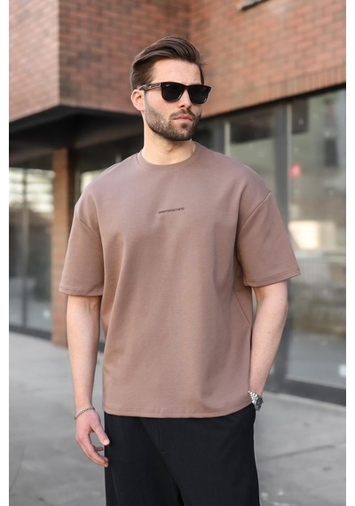 Madmext Kahverengi Bisiklet Yaka Oversize Erkek Tişört E7176