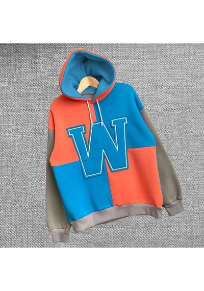 Mbb E-ticaret Kadın W Nakış İşlemeli Kapüşonlu 3 İplik Pamuklu Parçalı Sweatshirt Hoodie - Mavi