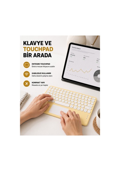 Bluetooth Klavye Kablosuz, Sessiz Tuşlu, Android Apple Uyumlu iOS Windows Uyumlu, Kompakt Taşınabilir Tasarım