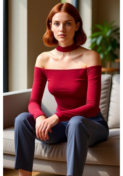 Ersefa Stil Kadın Carmen Yaka Choker Detaylı Fitted Vücuda Oturan Fitill bordo