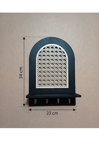 Rattan Rattan Desenli,Anahtar Askılıklı Raflı Duvar Organizeri Siyah