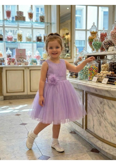 Butikhappykids Kız Çocuk Lila Volanlı Tüllü Çiçek Detaylı Abiye Elbise 1-5 Yaş Lila