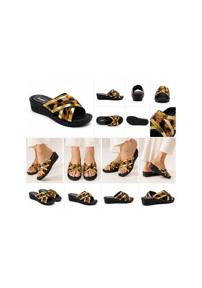 N Napa Shoe Pld.2002.gold Kadın Dolgu Topuk Leopar Desenli Çapraz Bantlı Günlük Terlik Siyah/gold