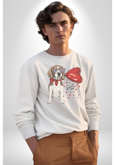 Poodle Ve Beagle Sevililer Günü Hediyesi Unisex Beyaz Baskılı Sweatshirt Beyaz