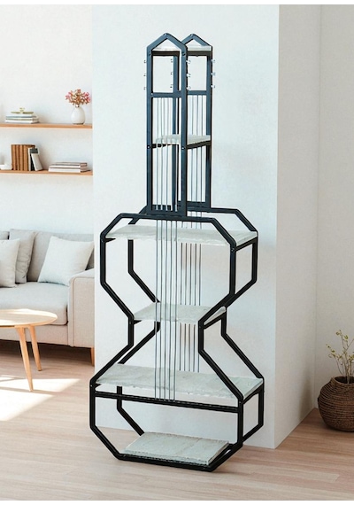 Dekoratif Siyah Metal Kitaplık Beyaz Ahşap Raflı Gitar Ünite