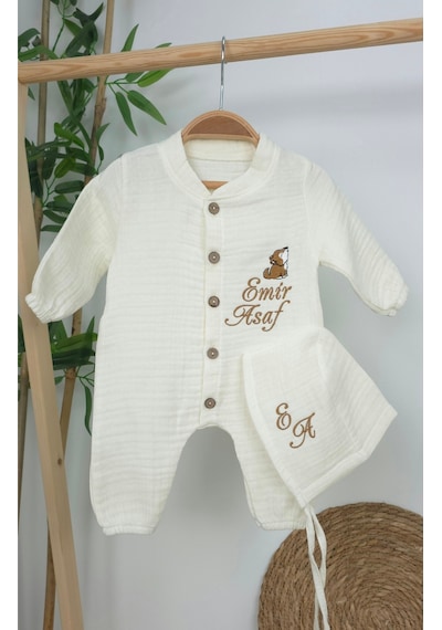 Gros Shop Müslin Yeni Doğan 4katlı Organik %100pamuk Kişiye Özgü Nakışlı Hastane Çıkış Seti Kurt Model-1 Ekru-3
