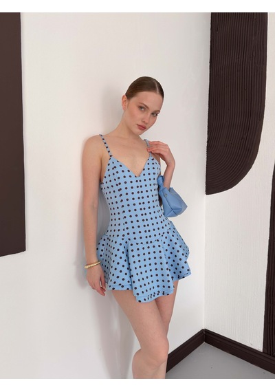 Verymoda Puantiyeli Askılı Mini Elbise D3003 Mavi Kahve