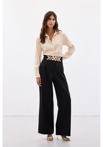 Sateen Kemerli Salaş Pantolon - Siyah-136532 Siyah