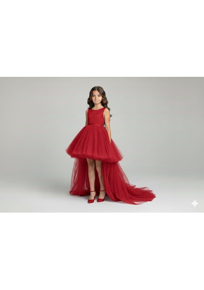 Star Kids Fashion Kız Çocuk Kırmızı Eteği Kuyruklu Saten Elbise , Kız Çocuk Mezuniyet Elbisesi ,abiye Elbise