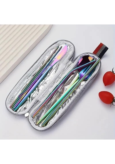 Valkyrie 8 Parça Çantalı Yolculuk Çatal Bıçak Kaşık Pipet Chopstick Seti Kamp Okul Ofis Tatil Paslanmaz Çelik Renkli Çok Renkli