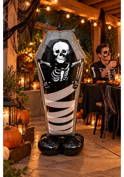 Halloween Cadılar Bayramı Ayaklı Tabut İskelet Folyo Balon 99x57 Cm Siyah Oda Dekoru Parti Süsü Çok Renkli