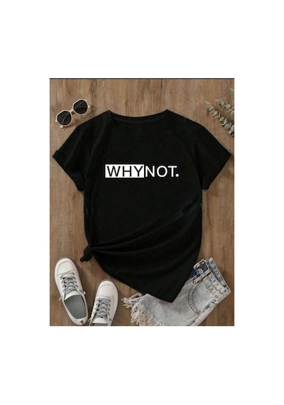 Medinenur Why Not Yazı Detaylı Basic T-shirt Siyah