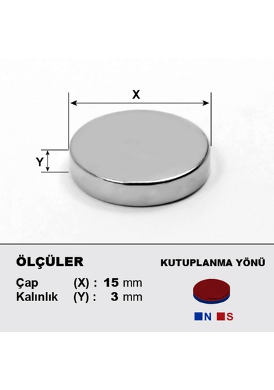 3 Adet Neodyum Mıknatıs Çap: 15mm Kalınlık: 3mm D15x3 Ndfeb Güçlü Mıknatıs Yuvarlak N093