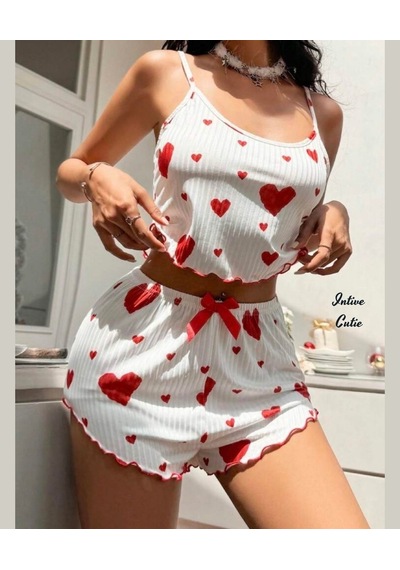 Intive Cutie Love Yazılı Kalp Desenli İnce Askılı Bralet Şort Takım/pijama Takımı Beyaz