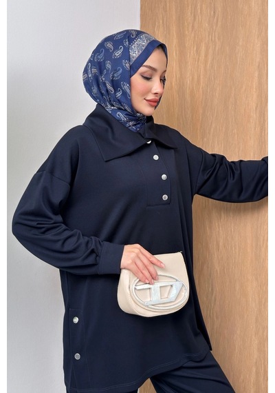 Mihran Butik Soho Elegance Yaka Detaylı Kadın Tesettür Alt Üst Takım Lacivert