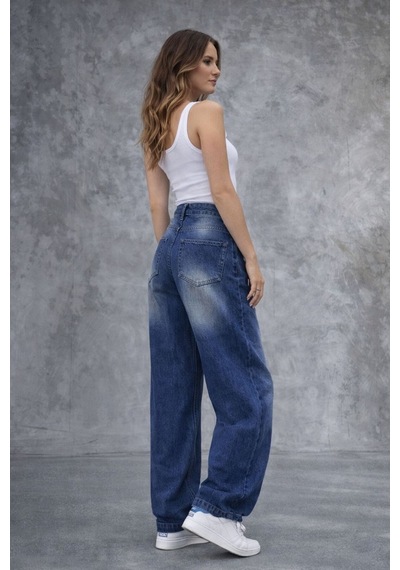 St.poll Eskitme Yıkamalı Baggy Jean Mavi