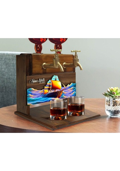 Bk Gift Kişiye Özel Kabartma Gemi Tasarımlı Çift Musluklu Doğal Ahşap İçki Standı-13, İçki Standı, Doğum Günü Hediyesi, Ev Hediyesi, Erkek Hediye Bitm