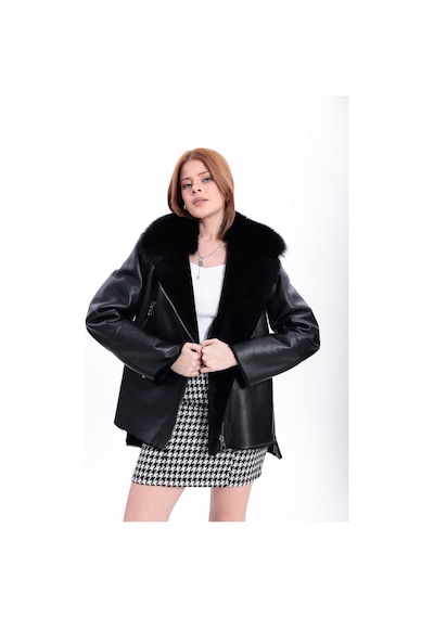 M M Marki Marki Hakiki Deri Kadın Mont Siyah İçi Kürklü Fermuarlı Regular Fit 67 Cm Kürklü Yaka - 119722
