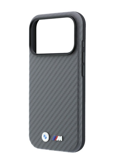 Apple iPhone Uyumlu 18 Pro Max Kılıf Bmw Lisanslı M-safeli Karbon Fiber Ve Metal Logolu Pu Deri Kapak Gri