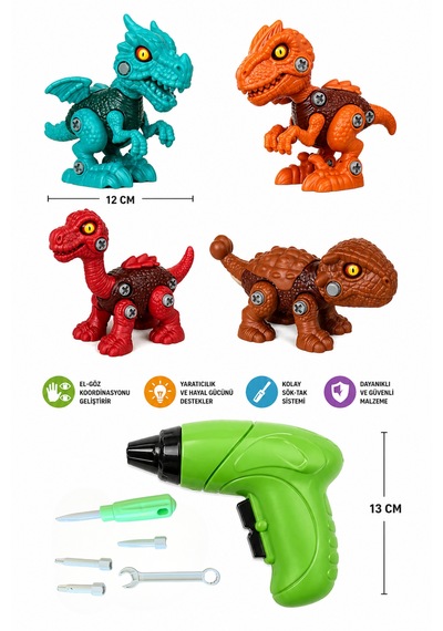 Sök Tak 4'lü 12cm Dinozor Oyuncak Seti Vidalı Montajlı Eğitici Oyuncak + Pilli Matkap İle
