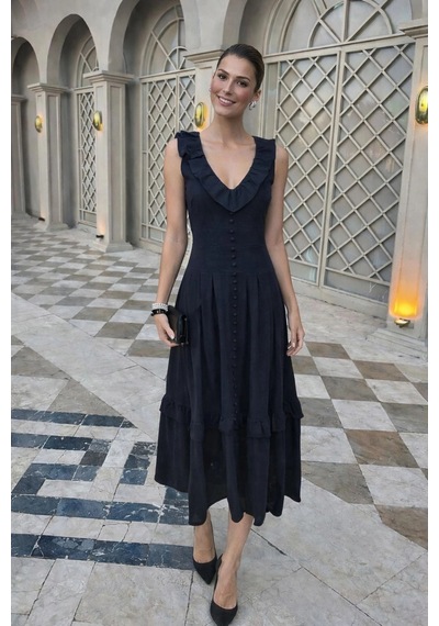 Asprinfashion V Yaka Önü Süs Düğmeli Keten Elbise Siyah