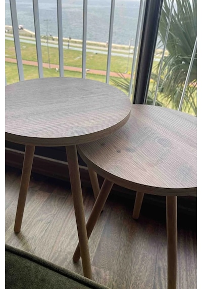 2'li Zigon Sehpa Seti Saksılık Ve Çiçeklik Standı, Dekoratif Yan Sehpa Ahşap Ayaklı 33 Cm Çap - Atlantik Çam Atlantik Çam