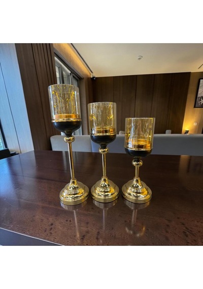 Noir Gold Şamdan Mumluk Seti Siyah & Altın Modern 3 Lü Lüks Masa Üstü Dekoratif Aksesuar Altın