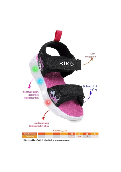 Kiko Kids Kuromi Günlük Işıklı Cırtlı Kız Bebek Sandalet Ayakkabı Siyah